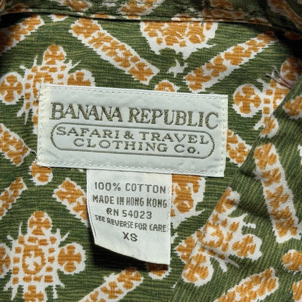 Vintage Banana Republic Safari Travel Botanical Print Shirt XS 80s Green Cotton
